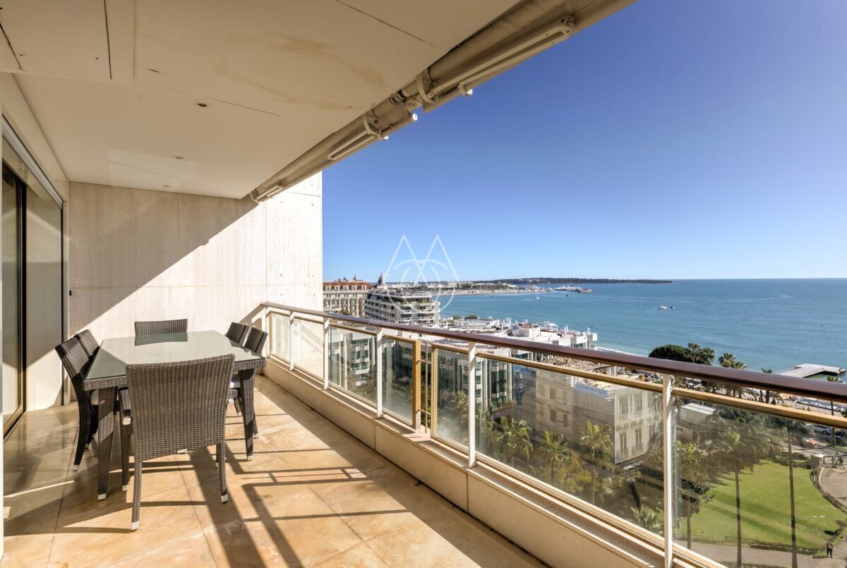 Appartement unique à Cannes, offrant une superficie exceptionnelle de 335 m² avec une terrasse et cinq chambres, le tout bénéficiant d’une vue imprenable sur la mer Méditerranée. 