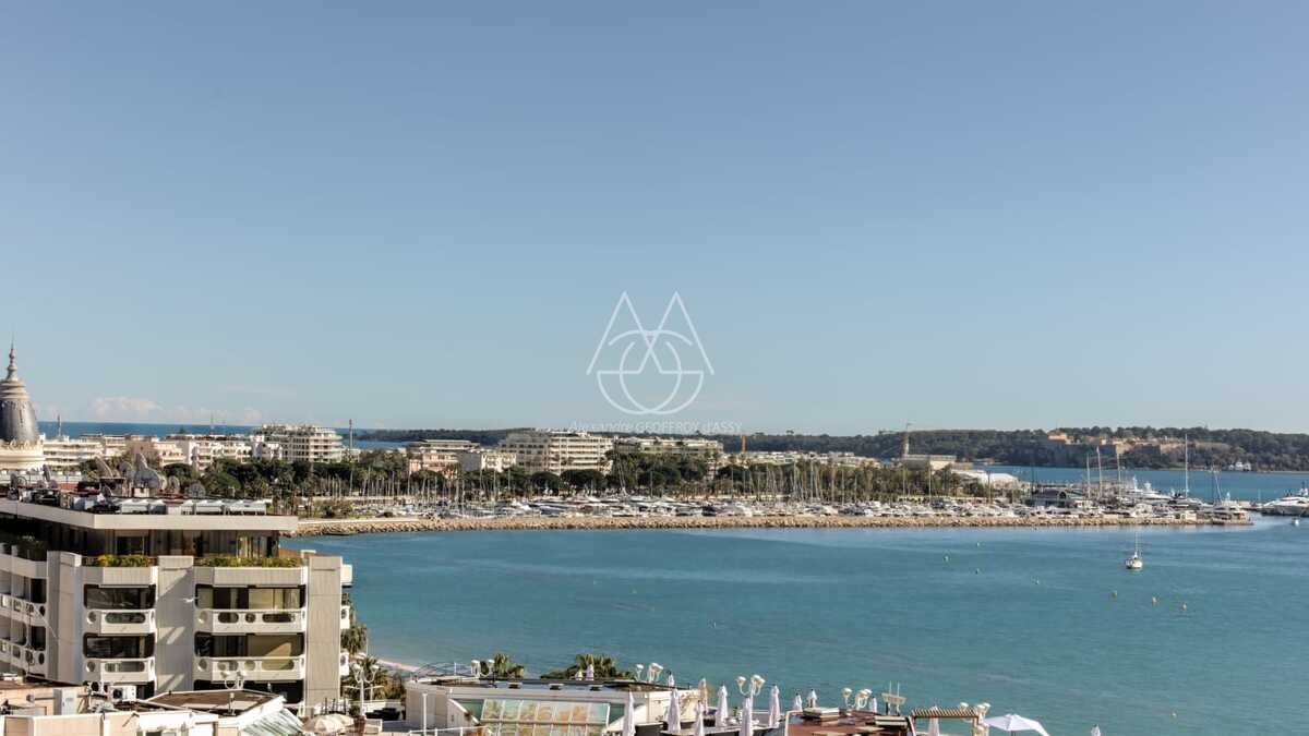 Appartement unique à Cannes, offrant une superficie exceptionnelle de 335 m² avec une terrasse et cinq chambres, le tout bénéficiant d’une vue imprenable sur la mer Méditerranée. 